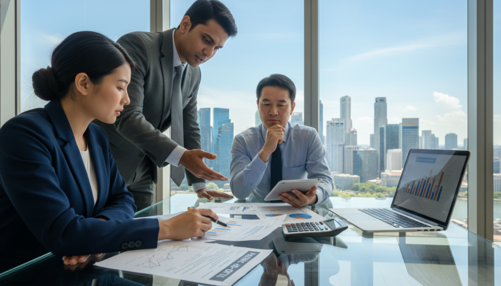 A photorealistic image depicting a professional office setting focused on the concept of "paid-up capital." In the foreground, a diverse group of three business professionals, dressed in sharp business attire, are intently discussing a document labeled "Paid-up Capital." The middle section includes a large glass conference table scattered with financial reports and a laptop, along with a pristine calculator. In the background, a large window reveals a vibrant cityscape of Singapore, with clear blue skies. Soft, natural lighting bathes the scene, enhancing the sleek, modern environment. The atmosphere is one of focus and professionalism, embodying the importance of financial investments and business growth.