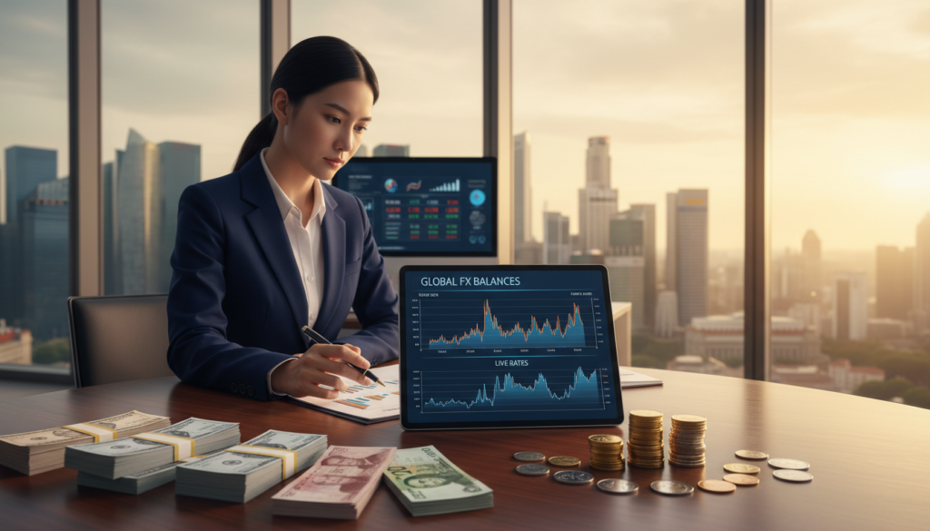 A photorealistic image depicting a professional workspace focused on foreign currency balances. In the foreground, a sleek table displays an array of international currency notes and coins from various countries, neatly organized alongside a digital tablet showing real-time exchange rates. The middle ground features a confident business person in a tailored suit, reviewing financial documents in a well-lit environment, symbolizing the handling of multi-currency accounts. In the background, large windows reveal a city skyline of Singapore, bathed in warm, natural light, creating a productive and optimistic atmosphere. The composition conveys a sense of professionalism and global financial activity, emphasizing the importance of managing diverse currency balances for cross-border payments.