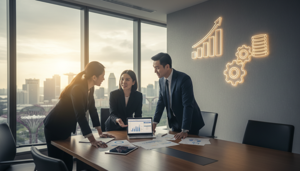 A photorealistic image depicting a serene office environment illustrating the concept of "13O incentives." In the foreground, a diverse group of three professionals in business attire is engaged in a focused discussion around a sleek conference table filled with financial documents and digital devices. The middle ground showcases a large window with a view of Singapore's iconic skyline, bathed in warm, natural light that emphasizes a calm and productive atmosphere. In the background, subtle elements of financial growth, like upward-trending graphs and abstract representations of wealth structuring, can be seen. The lighting creates soft shadows, enhancing the professionalism of the setting while conveying a sense of optimism and opportunity related to family office structures.