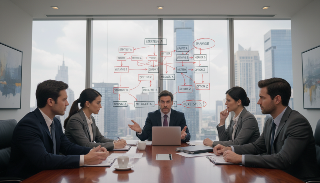 A photorealistic image depicting a tense boardroom scene illustrating a deadlock among board members. In the foreground, a large, polished conference table is filled with six professionals in business attire, exhibiting expressions of frustration and contemplation as they look at one another. In the middle ground, a whiteboard displays a complex flowchart with arrows and notes, symbolizing indecision and conflicting agendas. In the background, large windows reveal an urban skyline, with soft, natural light streaming in, creating a serious yet introspective mood. The atmosphere is charged with tension, reflecting the challenges of governance and decision-making in a corporate setting, with a focus on professionalism and conflict resolution. A photorealistic image depicting a tense boardroom scene illustrating a deadlock among board members. In the foreground, a large, polished conference table is filled with six professionals in business attire, exhibiting expressions of frustration and contemplation as they look at one another. In the middle ground, a whiteboard displays a complex flowchart with arrows and notes, symbolizing indecision and conflicting agendas. In the background, large windows reveal an urban skyline, with soft, natural light streaming in, creating a serious yet introspective mood. The atmosphere is charged with tension, reflecting the challenges of governance and decision-making in a corporate setting, with a focus on professionalism and conflict resolution.