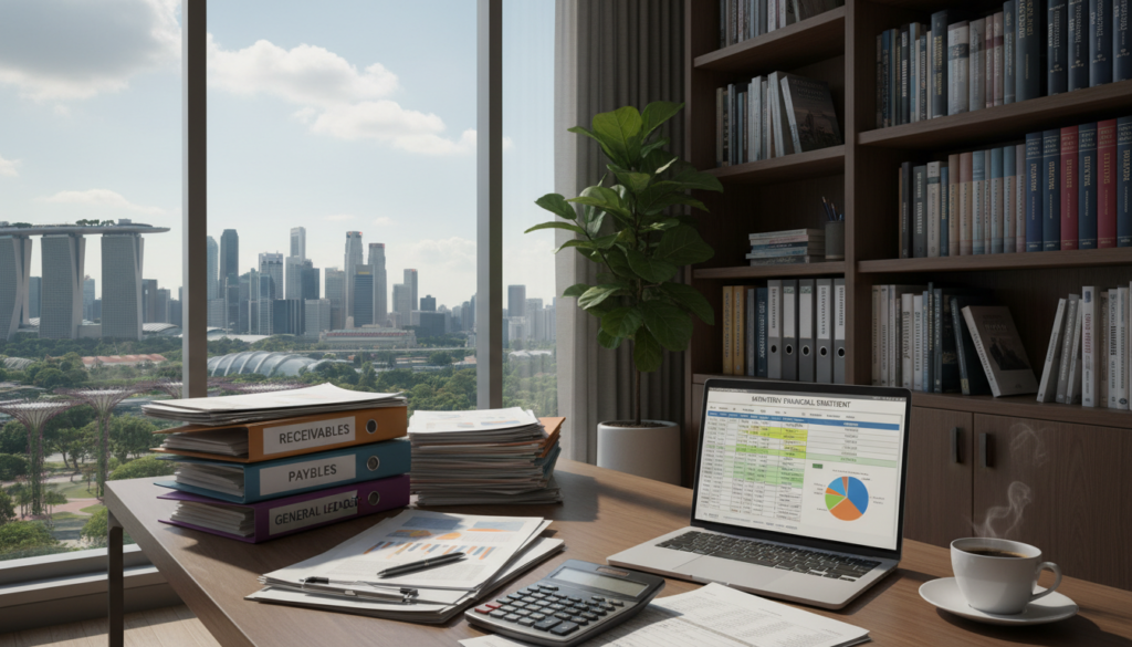 A photorealistic image depicting a well-organized office space focused on accounting and bookkeeping. In the foreground, a polished wooden desk is littered with neatly stacked financial records, neatly organized folders, and a calculator. A laptop with spreadsheets displayed is situated prominently, highlighting an atmosphere of professionalism. The middle ground should feature a bookshelf filled with accounting textbooks and a potted plant adding a touch of greenery. The background includes a large window showcasing a cityscape of Singapore, with the skyline visible in the daylight. Soft, natural lighting illuminates the scene, creating a calm and focused atmosphere. The overall mood is serious yet inviting, reflecting the meticulous nature of bookkeeping requirements.