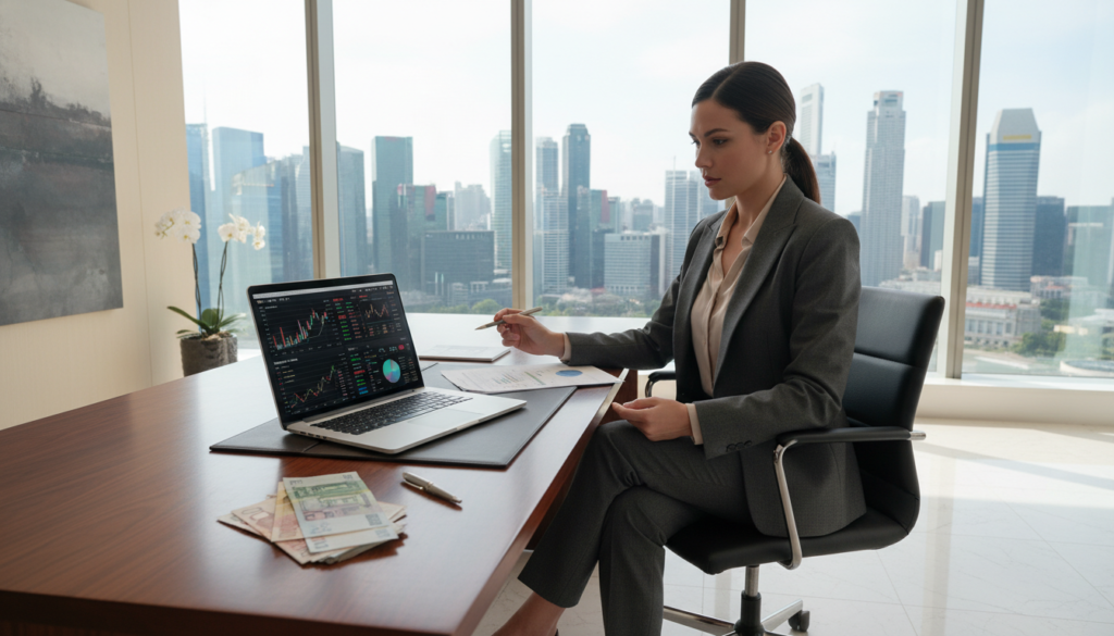 A photorealistic image depicting an elegant bank office setting as the focus. In the foreground, a polished wooden desk holds an open laptop displaying a financial dashboard, alongside a sleek pen and a stack of international currency notes representing various global currencies. The middle ground features a professional businesswoman in a tailored suit, attentively reviewing documents, looking confident and engaged. In the background, large windows allow natural light to flood the room, showcasing a panoramic view of Singapore's iconic skyline, including modern skyscrapers. The atmosphere is one of professionalism and trust, with soft natural lighting enhancing the sleek and modern style of the office environment. Emphasize a clean, organized space that reflects financial success and sophistication.