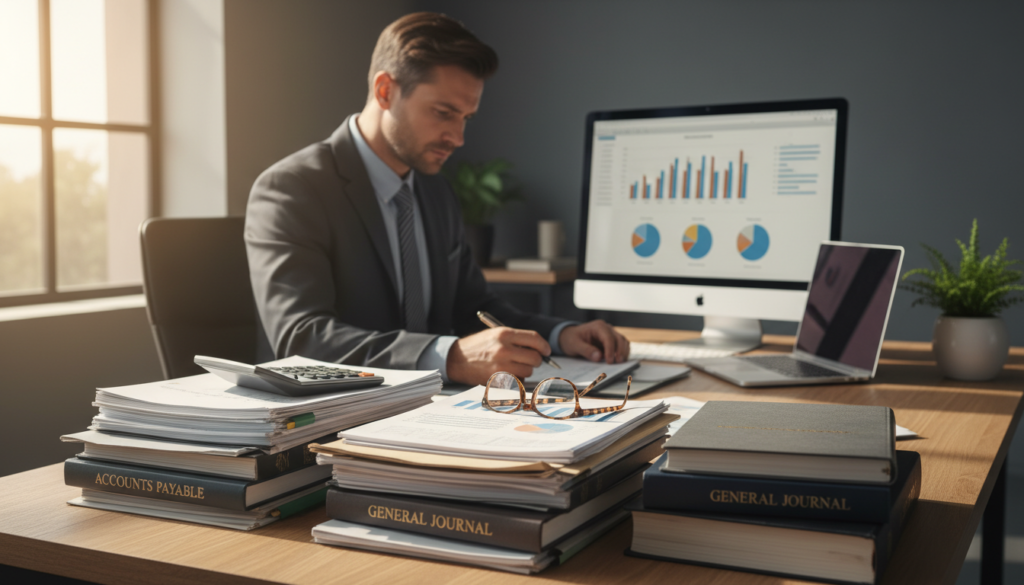 A photorealistic image depicting an organized workspace for accounting records. In the foreground, there are neatly stacked financial documents and ledgers, with a calculator and a pair of reading glasses resting on top. The middle layer features a professional businessperson in business attire, intently reviewing the financial statements, their face focused and serious. The background shows a modern office setting with a desk, a computer screen displaying graphs, and a potted plant for a touch of green. Soft, natural light streams in from a nearby window, creating a warm and inviting atmosphere. The composition should reflect a sense of professionalism and diligence in maintaining financial records.