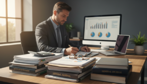 A photorealistic image depicting an organized workspace for accounting records. In the foreground, there are neatly stacked financial documents and ledgers, with a calculator and a pair of reading glasses resting on top. The middle layer features a professional businessperson in business attire, intently reviewing the financial statements, their face focused and serious. The background shows a modern office setting with a desk, a computer screen displaying graphs, and a potted plant for a touch of green. Soft, natural light streams in from a nearby window, creating a warm and inviting atmosphere. The composition should reflect a sense of professionalism and diligence in maintaining financial records.