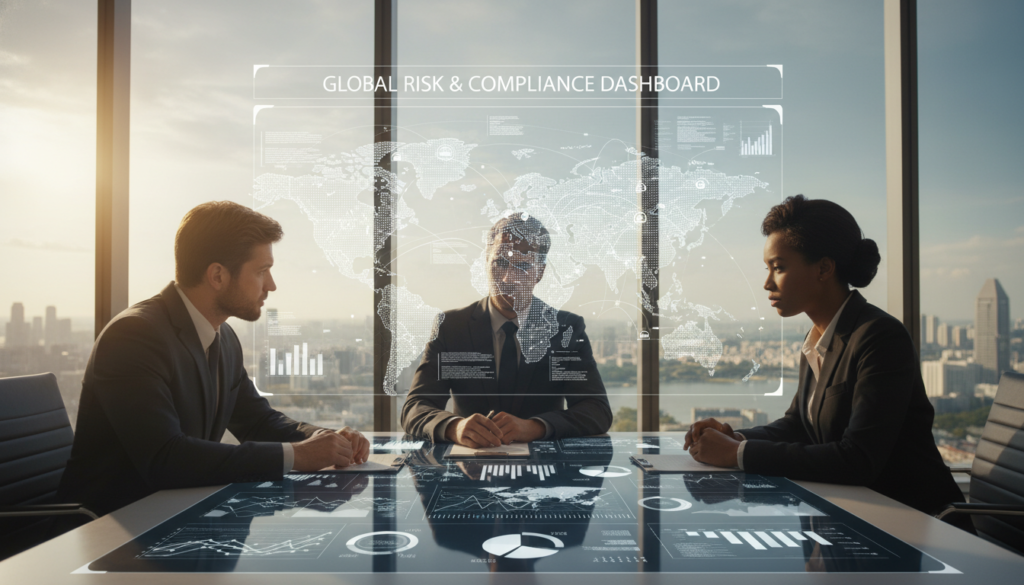 A photorealistic image depicting risk management in a multi-country business structure. In the foreground, a diverse group of three professionals in formal business attire, a man, a woman, and another person of Asian descent, are gathered around a sleek, modern conference table with digital displays showing charts and maps of different countries. In the middle ground, a large screen displays interconnected global nodes symbolizing governance across jurisdictions, with digital overlays representing data flow and regulatory compliance. The background features a panoramic view of a vibrant city skyline indicating Singapore, bathed in warm, natural sunlight streaming in through floor-to-ceiling windows, creating a collaborative and innovative atmosphere. The mood is focused and determined, embodying the essence of strategic planning and proactive risk assessment.