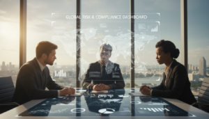 A photorealistic image depicting risk management in a multi-country business structure. In the foreground, a diverse group of three professionals in formal business attire, a man, a woman, and another person of Asian descent, are gathered around a sleek, modern conference table with digital displays showing charts and maps of different countries. In the middle ground, a large screen displays interconnected global nodes symbolizing governance across jurisdictions, with digital overlays representing data flow and regulatory compliance. The background features a panoramic view of a vibrant city skyline indicating Singapore, bathed in warm, natural sunlight streaming in through floor-to-ceiling windows, creating a collaborative and innovative atmosphere. The mood is focused and determined, embodying the essence of strategic planning and proactive risk assessment.