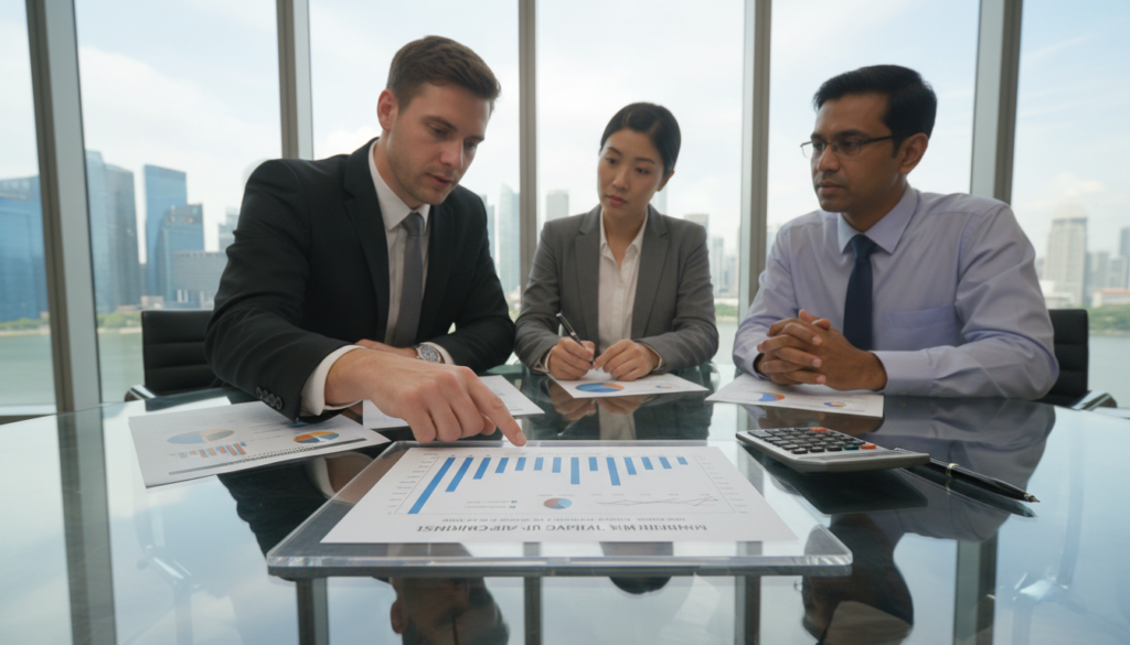 A photorealistic image depicting the concept of "minimum paid-up capital" in a professional business setting. In the foreground, a modern glass table holds a clear acrylic document with graphs and figures about financial capital. A calculator and a pen lay beside it. In the middle, a diverse group of three business people in professional attire are discussing the document, with expressions of focus and determination. The background features a sleek office environment with large windows, soft natural light flooding in, and a view of Singapore's skyline. The atmosphere is one of professionalism and clarity, emphasizing the importance of understanding legal minimum capital requirements in a corporate context.