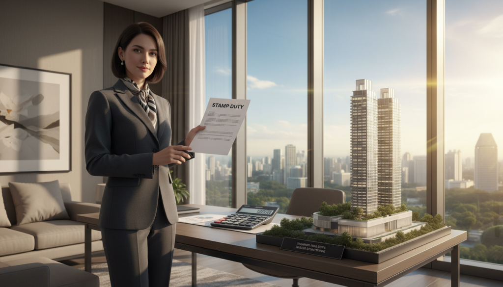 A photorealistic image depicting the concept of "stamp duty" in the context of real estate wealth structuring in Singapore. In the foreground, a professional businesswoman in elegant attire stands confidently, holding a document labeled "Stamp Duty". In the middle, a sleek, modern desk features a scale model of a high-rise Singaporean property and a calculator, with a cityscape view visible through large windows in the background. The sunlight streams in, illuminating the scene with warm, inviting light. The overall atmosphere conveys professionalism and sophistication, emphasizing the importance of informed financial decisions in real estate investment. The composition captures both detail and clarity, focusing on the elements that symbolize financial responsibility in wealth structuring.