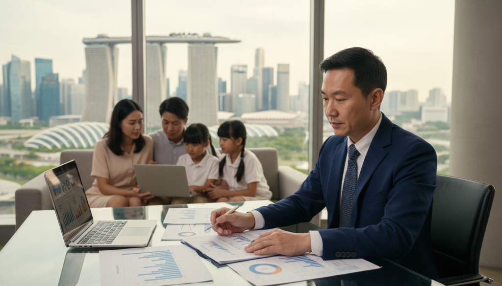 A photorealistic image illustrating the concept of asset protection, centered around the theme of Singapore's financial landscape. In the foreground, a well-dressed business owner, a middle-aged Asian male in a tailored suit, examines a financial report on a sleek glass desk cluttered with charts and a laptop, symbolizing business diligence. In the middle ground, a confident family, including a young mother and father with two children, look thoughtfully at their laptop screen, engaged in a discussion about asset management and protection strategies. In the background, a panoramic view of Singapore’s skyline, featuring the iconic Marina Bay Sands, highlighting the city's economic strength and potential risks. The lighting should be warm and inviting, with a soft focus on the subjects, creating a mood of cautious optimism amidst the complexities of modern asset protection.