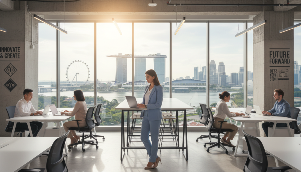 A photorealistic image of a business entrepreneur in Singapore, standing confidently at a modern co-working space. The foreground features a well-dressed individual, male or female, in a professional business suit, looking at a laptop with a focused expression. In the middle ground, sleek desks and motivational decor surround the entrepreneur, with diverse colleagues collaborating in the background, representing an inclusive environment. The background showcases large windows with a view of Singapore's iconic skyline, including the Marina Bay Sands and the Singapore Flyer, under a bright, sunny day. Soft natural lighting illuminates the scene, creating a vibrant and optimistic atmosphere that embodies entrepreneurial spirit and innovation.