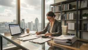 A photorealistic image of a business professional sitting at a modern office desk, meticulously reviewing GST return documents. In the foreground, neatly arranged papers, a laptop displaying financial data, and a calculator reflect the meticulous nature of GST filings. The middle ground features a large window allowing natural light to filter in, casting soft shadows across the workspace. In the background, a sleek bookshelf filled with accounting and finance books adds an intellectual atmosphere. The mood is focused and serious, capturing the essence of responsible tax management for GST-registered businesses in Singapore. The lighting is bright and warm, enhancing the clarity of the documents while maintaining a professional and inviting ambiance.