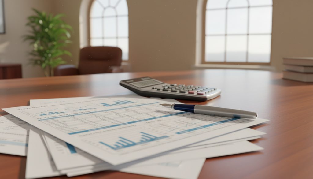 A photorealistic image of a detailed financial statement spread out on a polished wooden desk. In the foreground, focus on a neatly arranged stack of financial documents, including balance sheets and cash flow statements, showcasing columns of numbers and subtle graphs. The middle layer features a calculator and a sleek pen resting beside the papers. In the background, a blurred view of a professional office environment with warm, natural lighting coming from a large window, casting soft shadows and creating an inviting atmosphere. The overall mood is serious yet approachable, reflecting professionalism and financial literacy, with no people present in the scene.