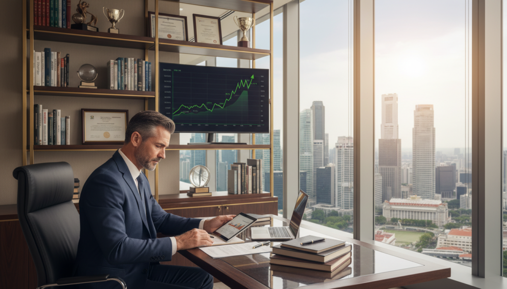 A photorealistic image of a modern, sophisticated office setting that symbolizes sources of wealth and assets. In the foreground, a well-dressed business professional, a middle-aged man in a tailored suit, is seated at a sleek desk, deeply engaged in analyzing financial documents. The mid-ground features an elegant bookshelf filled with finance-related books and decorative awards, while a financial graph is displayed on a wide-screen monitor, illustrating growth and prosperity. In the background, large windows reveal a panoramic view of Singapore's skyline, showcasing skyscrapers under bright, natural lighting to create a vibrant and aspirational atmosphere. The overall mood is one of professionalism and ambition, reflecting the importance of understanding wealth sources.