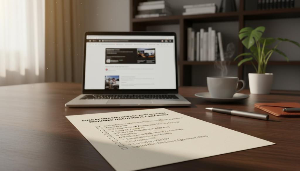 A photorealistic image of a neatly organized "Required Documents Checklist" for the Entrep Pass application in Singapore. In the foreground, a close-up of a checklist printed on high-quality paper with checkboxes, including items like business plans, personal identification, and financial statements. The middle ground features a stylish wooden desk with an open laptop, a cup of coffee, and a stylish pen, creating a professional workspace atmosphere. In the background, soft-focus elements like a bookshelf with business books and a potted plant enhance the cozy yet professional environment. The lighting is warm and inviting, creating an atmosphere of productivity and focus, with natural light streaming in from a nearby window. A photorealistic image of a neatly organized "Required Documents Checklist" for the Entrep Pass application in Singapore. In the foreground, a close-up of a checklist printed on high-quality paper with checkboxes, including items like business plans, personal identification, and financial statements. The middle ground features a stylish wooden desk with an open laptop, a cup of coffee, and a stylish pen, creating a professional workspace atmosphere. In the background, soft-focus elements like a bookshelf with business books and a potted plant enhance the cozy yet professional environment. The lighting is warm and inviting, creating an atmosphere of productivity and focus, with natural light streaming in from a nearby window.