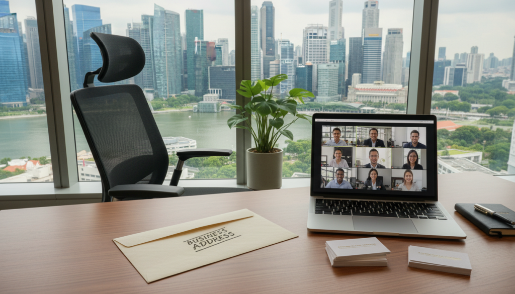 A photorealistic image of a professional business office setting, showcasing a well-organized desk with a stylish business address package. In the foreground, a sleek wooden desk features an elegant envelope, business cards, and a laptop displaying a virtual meeting interface. The middle ground contains a modern office chair and a small potted plant, adding a touch of greenery. In the background, large windows let in natural light, revealing a stunning view of Singapore's skyline, with gleaming skyscrapers and lush greenery. The mood is professional and inviting, emphasizing the modernity of virtual office services. The composition is shot from a slightly elevated angle, enhancing depth and focus on the business essentials.