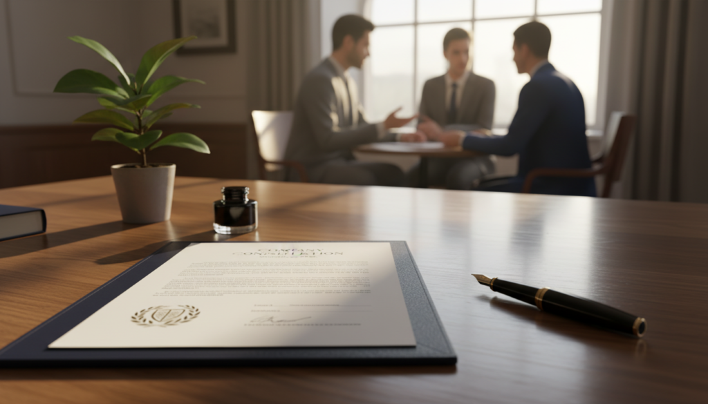 A photorealistic image of an elegant office setting featuring a well-organized wooden desk. In the foreground, a neatly opened company constitution document with a gold embossed seal, resting beside a classic fountain pen and a small potted plant. The middle ground showcases a subtle reflection of a large window with natural sunlight filtering through, casting gentle shadows. In the background, blurred silhouettes of business professionals in tailored suits engage in a discussion, emphasizing a collaborative atmosphere. There’s a sense of professionalism and clarity with soft, warm lighting that enhances the overall mood of trust and responsibility, embodying the essence of corporate governance and shareholder agreements. The overall composition is harmonious, promoting focus on the importance of company constitutions without any text or distractions. A photorealistic image of an elegant office setting featuring a well-organized wooden desk. In the foreground, a neatly opened company constitution document with a gold embossed seal, resting beside a classic fountain pen and a small potted plant. The middle ground showcases a subtle reflection of a large window with natural sunlight filtering through, casting gentle shadows. In the background, blurred silhouettes of business professionals in tailored suits engage in a discussion, emphasizing a collaborative atmosphere. There’s a sense of professionalism and clarity with soft, warm lighting that enhances the overall mood of trust and responsibility, embodying the essence of corporate governance and shareholder agreements. The overall composition is harmonious, promoting focus on the importance of company constitutions without any text or distractions.