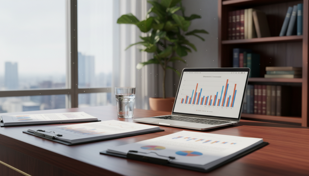 A photorealistic image of an elegant office setting, showcasing neatly stacked financial statements on a polished wooden desk in the foreground. In the middle, a clear glass of water sits beside a sophisticated laptop displaying colorful graphs and charts. Behind the desk, a large window allows soft, natural daylight to flood in, creating a warm and inviting atmosphere. The background features subtle details like a lush green plant and a bookshelf filled with business books, enhancing the professional ambiance. The focus is sharp, capturing the textures and details of the financial documents, with a slight depth of field blurring the background elements. The mood is serious yet inspiring, perfect for conveying professionalism and transparency in corporate governance. A photorealistic image of an elegant office setting, showcasing neatly stacked financial statements on a polished wooden desk in the foreground. In the middle, a clear glass of water sits beside a sophisticated laptop displaying colorful graphs and charts. Behind the desk, a large window allows soft, natural daylight to flood in, creating a warm and inviting atmosphere. The background features subtle details like a lush green plant and a bookshelf filled with business books, enhancing the professional ambiance. The focus is sharp, capturing the textures and details of the financial documents, with a slight depth of field blurring the background elements. The mood is serious yet inspiring, perfect for conveying professionalism and transparency in corporate governance.