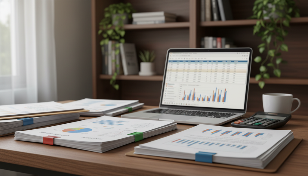 A photorealistic image showcasing a desktop cluttered with meticulously organized sales and income records in folders and invoices. In the foreground, a close-up view of neatly stacked documents on a wooden desk, some pages pinned with colorful paperclips, highlights critical financial figures and charts. In the middle ground, a sleek laptop screen displays a spreadsheet with graphs and data analytics open alongside a calculator and a cup of coffee, emphasizing a business atmosphere. The background features shelves lined with financial books and elegant plants, contributing to a professional ambiance. Soft, natural lighting filters in from a nearby window, creating a warm, focused mood ideal for productivity and finance-related tasks.