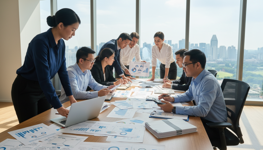 A photorealistic office scene depicting a diverse group of professionals engaged in compliance payroll operations. In the foreground, a focused woman in smart business attire analyzes payroll data on a laptop while a man beside her reviews documents with a calculator in hand. The middle layer shows a large conference table with papers, charts, and compliance reports scattered about, emphasizing teamwork in HR operations. In the background, a large window lets in soft natural light, casting gentle shadows and illuminating a modern office skyline of Singapore. The mood is serious yet collaborative, reflecting the importance of compliance and HR validation with service providers. The overall atmosphere conveys professionalism and dedication in the offshore hiring landscape.