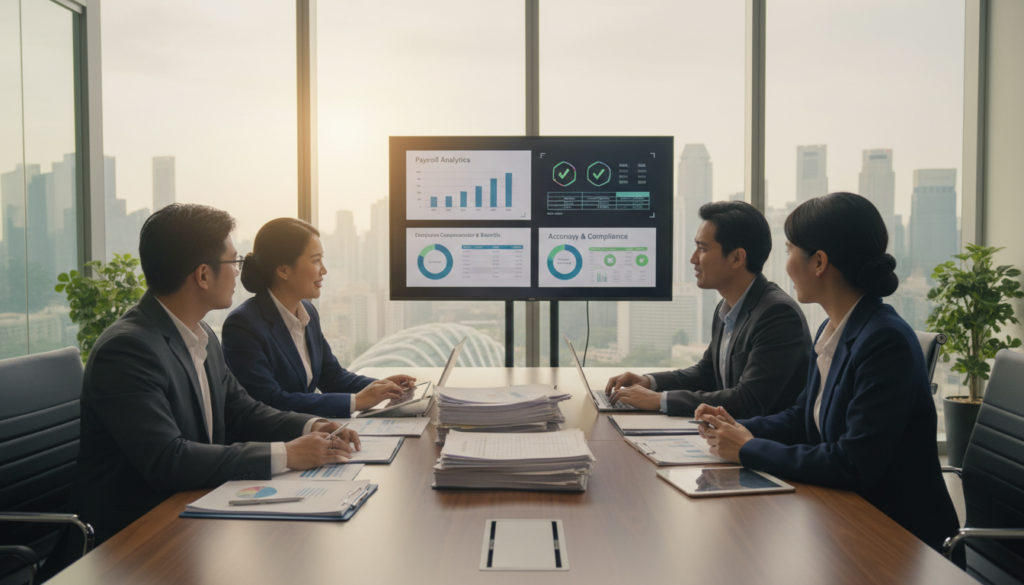 A photorealistic office scene depicting payroll processing. In the foreground, a diverse group of professional employees, including a Southeast Asian woman in business attire and a South Asian man in a suit, are engaged in discussions around a modern conference table covered with financial documents and laptops. In the middle ground, a digital display shows data analytics and payroll software interfaces, highlighting efficiency and accuracy. The background features large windows revealing a panoramic view of Singapore's skyline, filled with skyscrapers under soft, natural daylight. The atmosphere is productive yet relaxed, conveying a sense of trust and teamwork in managing payroll processes. The lighting is bright and warm, creating an inviting and professional environment.