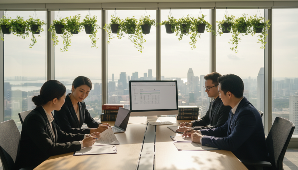 A photorealistic office scene depicting the registration process for a Singapore company. In the foreground, a diverse group of professionals in smart business attire sits around a sleek conference table, reviewing documents related to compliance and registration. The middle layer features a modern office setup, with a stylish computer, legal books, and a registration form prominently displayed. The background showcases a panoramic view of Singapore’s skyline through large glass windows, adorned with greenery to convey a sense of professionalism and ambition. Soft, natural lighting pours in, creating a welcoming atmosphere. The angle captures the dynamics of teamwork, emphasizing collaboration and attention to detail in the registration process.