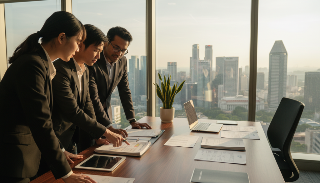 A photorealistic office scene showcasing the process of incorporation company registration in Singapore. In the foreground, a diverse group of three professionals, two men and a woman, dressed in smart business attire, are engaged in discussion while reviewing documents on a sleek conference table. The middle ground features a well-organized workspace with a laptop, financial papers, and a potted plant, suggesting a dynamic business environment. In the background, large windows reveal a panoramic view of Singapore's skyline, bathed in warm afternoon light, giving the image an optimistic and professional atmosphere. The scene captures a sense of collaboration and readiness, emphasizing the preparation needed for banking and incorporation processes for foreign entrepreneurs.