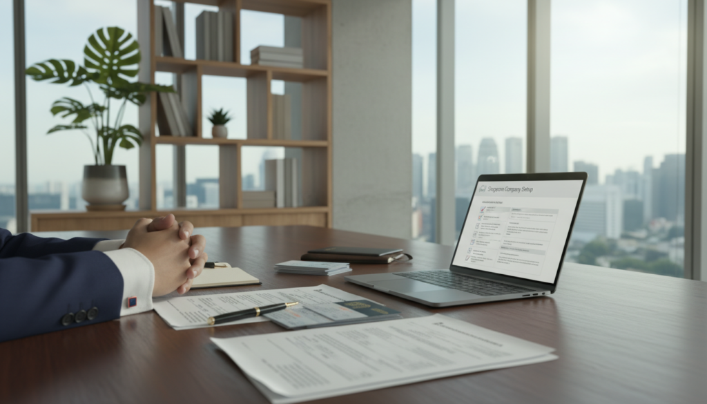 A photorealistic office setting illuminated by soft natural light filtering through large windows. In the foreground, a polished wooden table displays neatly arranged documents, including registration forms, identification cards, and a laptop open to a digital checklist. A pair of professional hands, wearing business attire, is seen reviewing the documents thoughtfully. In the middle ground, a modern bookshelf lined with business books and a potted plant add a touch of warmth. The background features a blurred city skyline visible through the windows, conveying a sense of professionalism and focus. The overall mood is informative and organized, emphasizing clarity and preparation for ACRA company registration in Singapore.