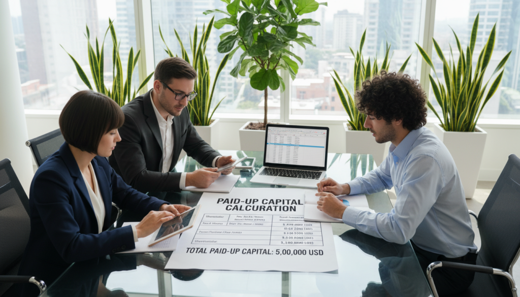 A photorealistic office setting illustrating the concept of paid-up capital. In the foreground, a diverse group of three professionals dressed in smart business attire—one woman with short hair, one man with glasses, and another man with curly hair—are intently discussing financial documents on a sleek glass table. In the middle ground, a large document detailing a paid-up capital calculation with clear numeric figures is visible, along with a laptop showing an excel spreadsheet. In the background, large windows let in soft, natural light, creating a bright and professional atmosphere. Potted plants add a touch of greenery, enhancing the overall vibe of a thriving business environment. The angle captures the scene from slightly above, giving a comprehensive view of the collaborative work taking place.