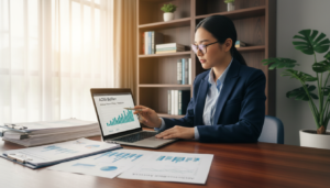A photorealistic office setting showing a business professional, dressed in smart attire, sitting at a sleek desk with a laptop open, reviewing documents related to an annual return filing on ACRA BizFile+. In the foreground, detailed close-ups of financial documents and reports are visible, featuring graphs and charts that imply growth and compliance. The middle ground features the professional focused and engaged, with natural light pouring in from a window, creating a warm, productive atmosphere. In the background, a bookshelf filled with business books and a plant adds a touch of greenery. The overall mood conveys professionalism, competence, and clarity, designed to inspire confidence in the annual filing process.