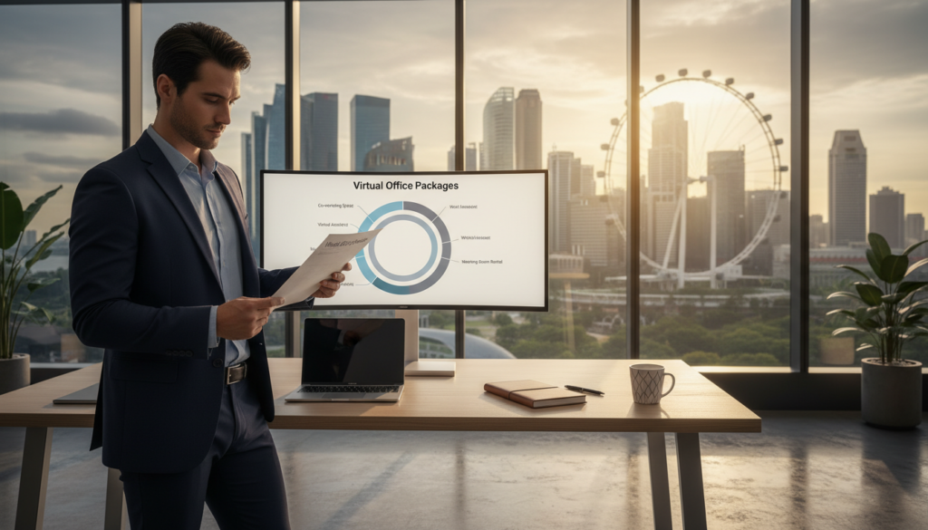 A photorealistic representation of a modern office space, featuring a clean desk setup with a laptop, notepad, and a stylish coffee cup resting on a contemporary desk. In the foreground, a professional businessperson dressed in smart business attire is examining a document titled "Virtual Office Packages," with a thoughtful expression. The middle ground showcases a sleek computer screen displaying a pie chart that illustrates monthly costs of virtual office services, emphasizing clarity and organization. The background reveals a large window with a stunning view of Singapore's skyline, bathed in warm afternoon sunlight that casts soft shadows across the room. The overall mood is professional and inviting, conveying a sense of growth and opportunity in a modern business environment.