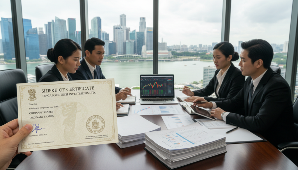 A photorealistic representation of share rights in a Singaporean corporate context. In the foreground, a close-up view of a hand holding a share certificate, showcasing intricate details like security features and official seals. In the middle ground, a well-organized boardroom table adorned with documents, financial charts, and a laptop displaying stock graphs. Business attire-clad individuals collaborate, analyzing information with serious expressions. The background features a glass window with a view of Singapore's skyline, bathed in natural daylight, creating an atmosphere of professionalism and clarity. The composition should emphasize the importance of understanding share structures, with crisp, clear lighting highlighting the textures of paper and digital screens. A photorealistic representation of share rights in a Singaporean corporate context. In the foreground, a close-up view of a hand holding a share certificate, showcasing intricate details like security features and official seals. In the middle ground, a well-organized boardroom table adorned with documents, financial charts, and a laptop displaying stock graphs. Business attire-clad individuals collaborate, analyzing information with serious expressions. The background features a glass window with a view of Singapore's skyline, bathed in natural daylight, creating an atmosphere of professionalism and clarity. The composition should emphasize the importance of understanding share structures, with crisp, clear lighting highlighting the textures of paper and digital screens.