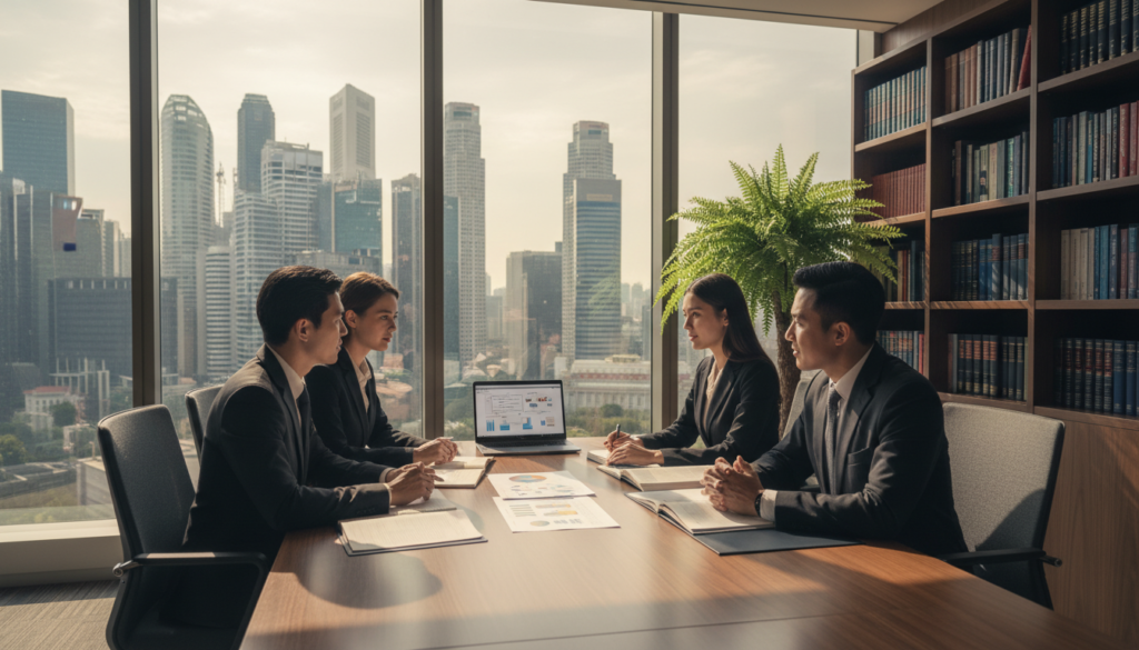 A photorealistic scene depicting a business meeting focused on trust law in Singapore. In the foreground, a diverse group of four professionals in formal business attire (two men and two women) are engaged in discussion around a sleek, modern conference table, with legal documents and a laptop displaying regulatory charts. In the middle ground, a large window offers a view of Singapore’s iconic skyline, showcasing modern architecture. The atmosphere is serious yet collaborative, enhanced by warm, natural lighting filtering through the window. In the background, a bookshelf filled with legal texts and a potted plant adds a touch of sophistication. The angle is slightly elevated to capture both the participants and the panoramic view of the city.