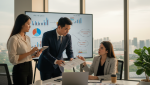 A photorealistic scene depicting a diverse group of three professionals in a modern office setting, engaged in a discussion about adoption decisions for Singapore SMEs. In the foreground, one person wearing a formal suit is presenting data on a laptop, while another, in business casual attire, takes notes. The third individual, in a blazer, gestures thoughtfully. In the middle ground, a whiteboard features charts and graphs related to accounting standards, symbolizing key decisions. The background shows a large window with a view of Singapore's skyline, bathed in warm, natural light. The overall atmosphere is collaborative and focused, evoking a sense of importance and strategic thinking in business.