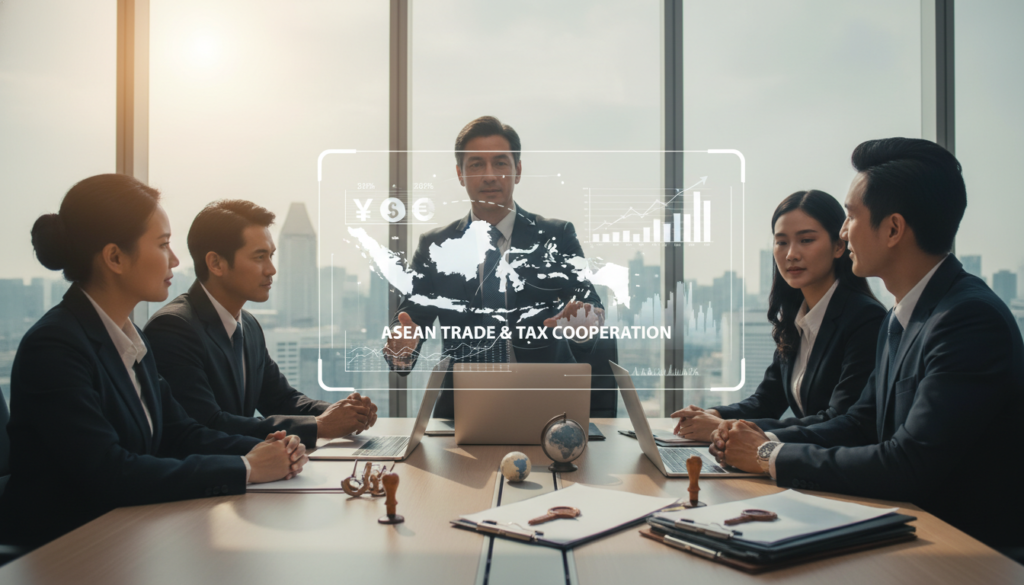 A photorealistic scene depicting a modern office environment symbolizing tax and trade agreements, showcasing a diverse group of professionals in business attire engaged in a discussion. In the foreground, an executive pointing at a digital map of ASEAN countries on a large screen, with graphs illustrating trade data alongside it. In the middle ground, a sleek conference table with laptops, documents, and currency symbols representing trade agreements and incentives. The background features large windows showing a skyline of Singapore, bathed in natural light, creating a bright and optimistic atmosphere. The overall mood conveys collaboration and strategic planning, ideal for fostering ASEAN business expansion.