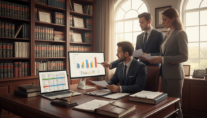 A photorealistic scene depicting an elegant, well-organized office that symbolizes estate planning. In the foreground, a polished wooden desk is adorned with a variety of financial documents, a laptop displaying spreadsheets, and a classic pen set. The middle ground features a diverse group of three professionals in smart business attire engaged in a discussion, holding documents and pointing at a detailed financial graph on the screen. In the background, a wall is lined with shelves filled with legal books and framed certificates, softly illuminated by natural light streaming in through large windows. The mood is focused and collaborative, emphasizing the importance of integrating estate and business continuity planning.