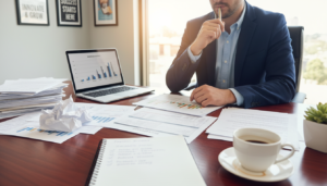 A photorealistic scene depicting an open business plan on a polished wooden desk, surrounded by essential documents and a preparation checklist. In the foreground, a neatly organized notebook with handwritten notes, a laptop displaying a graph, and a coffee cup, reflecting a focused work environment. In the middle, a stylish business professional in smart attire, analyzing the documents with a thoughtful expression, highlighting the importance of planning. In the background, soft natural light filters through a window, illuminating a modern office space with motivational posters and a small plant, creating a productive and inspiring atmosphere. The overall mood should convey diligence and attention to detail, suitable for entrepreneurs preparing for their business journey.