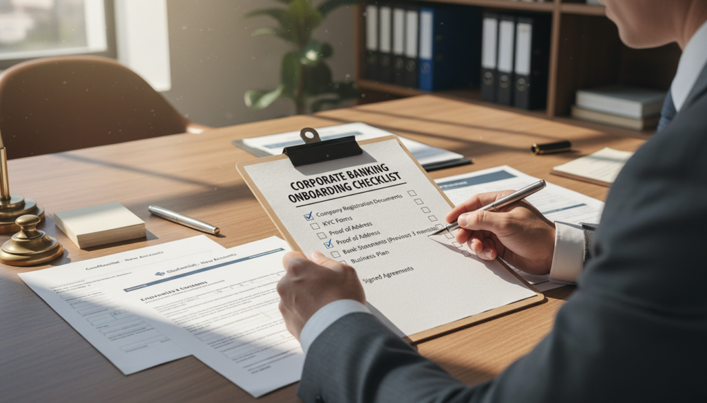 A photorealistic scene of a neatly organized documentation checklist on a wooden desk, with several corporate banking documents spread out in front of it. The checklist should include items like "Company Registration Documents," "KYC Forms," and "Proof of Address," all styled with various business stationery elements. In the foreground, a pair of professional business attire-clad hands holding a pen, poised to mark off items on the checklist. In the background, soft, natural lighting filters through a nearby window, casting a warm glow over the scene, highlighting the importance of meticulous preparation. The overall mood is focused and professional, ideal for navigating foreign entrepreneur banking processes.