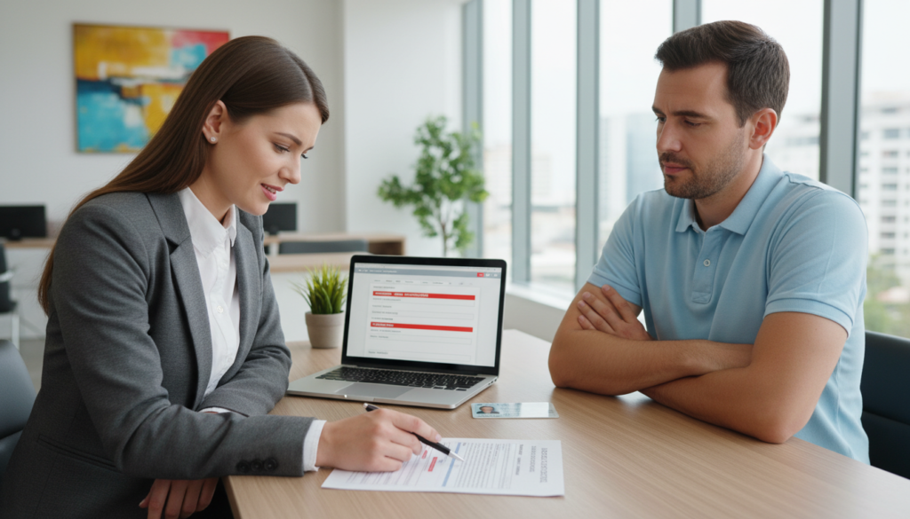 A photorealistic scene of a professional bank representative and a customer seated at a modern desk in a well-lit, contemporary bank office. In the foreground, the bank representative, wearing a crisp white shirt and dark blazer, displays a concerned yet approachable expression while reviewing a document, highlighting discrepancies. The middle ground features a laptop open to a customer service interface, and an ID card placed strategically on the desk. The background shows tasteful decor typical of a financial institution, with soft light filtering through large windows, creating a calming atmosphere. The image captures a moment of tension, conveying the seriousness of addressing missing information and refusals while maintaining a professional tone.