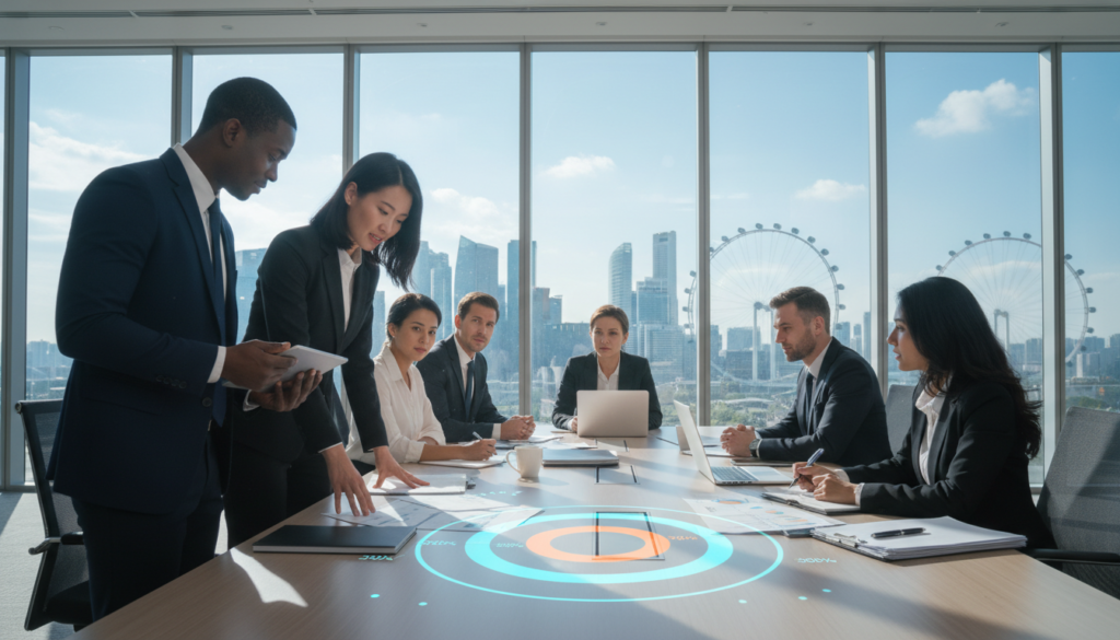 A photorealistic scene showcasing a diverse group of shareholders engaged in a strategic meeting within a modern Singapore office. In the foreground, three professionals of different ethnicities, dressed in smart business attire, discuss over financial documents. One is pointing at a glowing projection of a pie chart, illustrating share distribution. In the middle ground, a large conference table adorned with laptops and paperwork reflects a collaborative atmosphere, while others are immersed in conversation. The background features floor-to-ceiling windows overlooking the iconic Singapore skyline with a clear sky, casting soft natural light into the room. This environment conveys a mood of ambition, focus, and professionalism, emphasizing the importance of shareholder dynamics. A photorealistic scene showcasing a diverse group of shareholders engaged in a strategic meeting within a modern Singapore office. In the foreground, three professionals of different ethnicities, dressed in smart business attire, discuss over financial documents. One is pointing at a glowing projection of a pie chart, illustrating share distribution. In the middle ground, a large conference table adorned with laptops and paperwork reflects a collaborative atmosphere, while others are immersed in conversation. The background features floor-to-ceiling windows overlooking the iconic Singapore skyline with a clear sky, casting soft natural light into the room. This environment conveys a mood of ambition, focus, and professionalism, emphasizing the importance of shareholder dynamics.