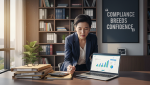 A photorealistic workspace focused on GST filing and IRAS compliance. In the foreground, a sleek laptop open to a Xero accounting software dashboard, displaying detailed financial graphs and charts. Beside it, a stack of organized files and a calculator, emphasizing an orderly approach to accounting. In the middle, a professional individual in business attire, having short black hair, intently analyzing the data on the laptop screen, showcasing concentration and expertise. In the background, a bright, well-lit office space with a bookshelf filled with financial documents and a window allowing natural light to flood in, creating an atmosphere of productivity and professionalism. The overall mood is focused, serious, and inspirational, reflecting the importance of compliance in accounting practices.