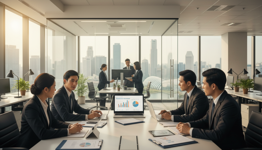 A professional business environment depicting "banking readiness" in Singapore. In the foreground, a diverse group of business professionals in smart attire, discussing over a modern conference table, with documents and digital devices displaying banking charts. In the middle, a sleek, glass-walled banking office, with large windows showing a city skyline featuring iconic Singaporean architecture like Marina Bay Sands. In the background, a softly lit workspace with potted plants, emphasizing a sense of calm and efficiency. The atmosphere is one of focus and collaboration, with natural daylight pouring in to create a warm and inviting mood. The scene captures the essence of preparation and professionalism in the banking sector. A professional business environment depicting "banking readiness" in Singapore. In the foreground, a diverse group of business professionals in smart attire, discussing over a modern conference table, with documents and digital devices displaying banking charts. In the middle, a sleek, glass-walled banking office, with large windows showing a city skyline featuring iconic Singaporean architecture like Marina Bay Sands. In the background, a softly lit workspace with potted plants, emphasizing a sense of calm and efficiency. The atmosphere is one of focus and collaboration, with natural daylight pouring in to create a warm and inviting mood. The scene captures the essence of preparation and professionalism in the banking sector.