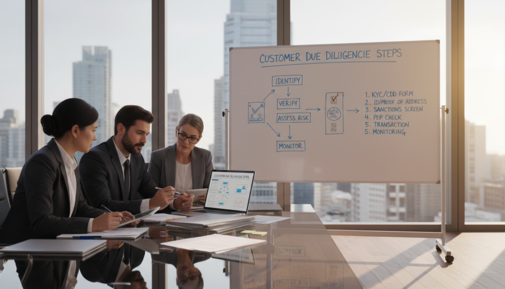 A professional business environment illustrating the customer due diligence process. In the foreground, a diverse group of two consultants and a client, all in formal business attire, are seated around a sleek glass conference table, reviewing documents and financial data. One consultant gestures towards a laptop displaying charts and a checklist, while the other takes notes. In the middle ground, a whiteboard filled with diagrams and compliance steps is visible, establishing a clear structure. The background features large windows letting in natural light, casting soft shadows. The atmosphere is focused and collaborative, emphasizing diligence and professionalism. Photorealistic details, warm lighting, and a mid-angle shot to capture the interaction effectively.