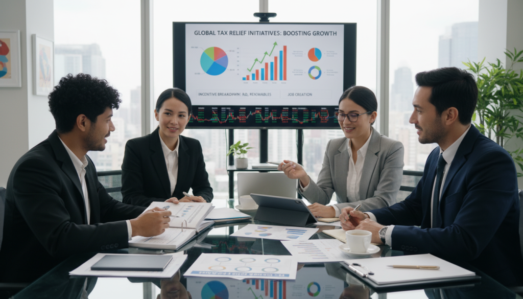 A professional business meeting scene depicting a diverse group of individuals in business attire discussing tax incentives. In the foreground, a diverse group of three professionals—two men and one woman—are seated around a sleek glass conference table filled with documents and charts illustrating tax structures. The middle ground features a large digital display showing a visual infographic of tax incentive schemes, accompanied by financial graphs. In the background, a modern office setting with large windows letting in soft natural light, creating a warm yet focused atmosphere. The mood is collaborative and optimistic, emphasizing financial growth and strategic planning. The composition is captured from an eye-level angle, ensuring clarity and professionalism in the exchange of ideas.