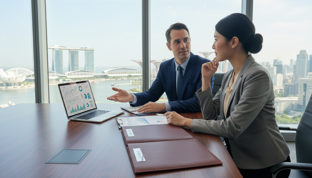 A professional business meeting scene in a sleek, modern Singaporean office, showcasing three distinct investment options. Foreground: a polished wooden table with three elegant document folders labeled 'Option A', 'Option B', and 'Option C' neatly arranged, accompanied by a laptop displaying investment graphs. Middle: two individuals in professional business attire, a man and a woman, engaged in discussion, pointing at the folders, conveying collaboration and insight. Background: a large window offering a panoramic view of Singapore's skyline, with bright sunlight streaming in, creating a well-lit atmosphere that emphasizes clarity and professionalism. Atmosphere: a sense of opportunity and optimism in the air, suggesting a thriving business environment. Photorealistic style, high resolution, and attention to detail capturing the essence of investment possibilities.