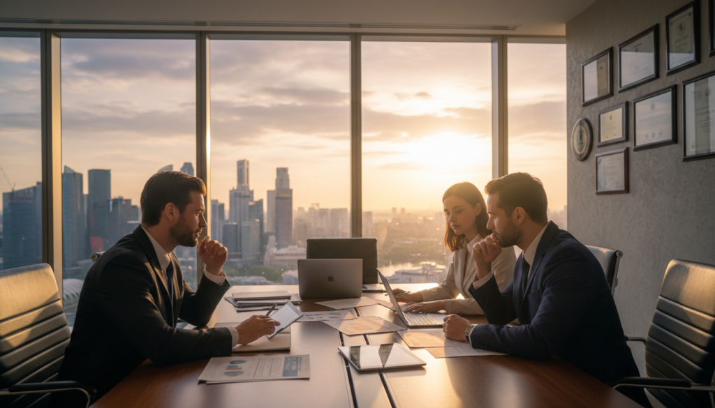A professional business meeting scene set in a modern, sleek office environment. In the foreground, a diverse group of three individuals, dressed in professional attire, engage in a discussion around a sleek conference table covered with documents and tablets. In the middle ground, a large window reveals a panoramic view of Singapore's skyline during the golden hour, with soft, warm sunlight illuminating the room. In the background, a wall adorned with awards and certificates reflects the success of the individuals. The atmosphere is collaborative and contemplative, conveying a sense of opportunity and strategic planning for alternatives to investment programs. The image should be photorealistic, with sharp focus and natural lighting, creating a welcoming yet professional mood.