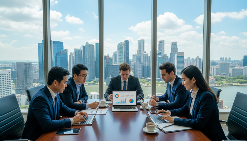 A professional business meeting scene set in a sleek, modern bank office in Singapore. In the foreground, a diverse group of business professionals dressed in formal business attire are engaged in a discussion, reviewing documents and laptops showcasing graphs, charts, and analytics relevant to banking proof points. The middle ground features a large conference table, with modern gadgets like tablets and smartphones scattered throughout. In the background, floor-to-ceiling windows reveal a stunning view of Singapore's skyline, with iconic skyscrapers under a bright, sunny atmosphere. The lighting is bright and natural, creating a vibrant and inspiring mood, captured from a slightly elevated angle to emphasize teamwork and collaboration. The overall composition should convey professionalism, focus, and readiness to tackle banking challenges.