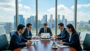 A professional business meeting scene set in a sleek, modern bank office in Singapore. In the foreground, a diverse group of business professionals dressed in formal business attire are engaged in a discussion, reviewing documents and laptops showcasing graphs, charts, and analytics relevant to banking proof points. The middle ground features a large conference table, with modern gadgets like tablets and smartphones scattered throughout. In the background, floor-to-ceiling windows reveal a stunning view of Singapore's skyline, with iconic skyscrapers under a bright, sunny atmosphere. The lighting is bright and natural, creating a vibrant and inspiring mood, captured from a slightly elevated angle to emphasize teamwork and collaboration. The overall composition should convey professionalism, focus, and readiness to tackle banking challenges.