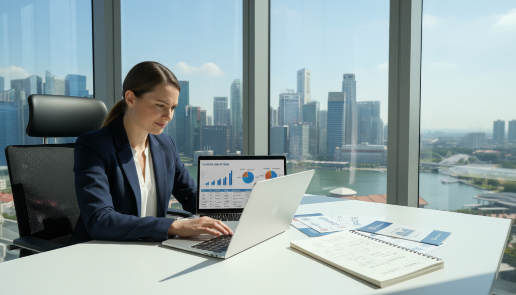 A professional business person, dressed in smart attire, sits at a modern desk in a bright office, deeply focused on selecting a bank account for a fintech business. The foreground features a sleek laptop with financial graphs and bank comparison charts open on the screen. In the middle ground, a notepad is filled with handwritten notes, and several brochures from different banks are spread out. The background showcases large windows revealing a panoramic view of Singapore's skyline, filled with skyscrapers under daylight. Soft, natural lighting illuminates the workspace, creating an engaging and productive atmosphere. The mood is serious yet hopeful, reflecting important financial decisions in the thriving fintech industry.