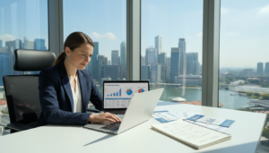 A professional business person, dressed in smart attire, sits at a modern desk in a bright office, deeply focused on selecting a bank account for a fintech business. The foreground features a sleek laptop with financial graphs and bank comparison charts open on the screen. In the middle ground, a notepad is filled with handwritten notes, and several brochures from different banks are spread out. The background showcases large windows revealing a panoramic view of Singapore's skyline, filled with skyscrapers under daylight. Soft, natural lighting illuminates the workspace, creating an engaging and productive atmosphere. The mood is serious yet hopeful, reflecting important financial decisions in the thriving fintech industry.