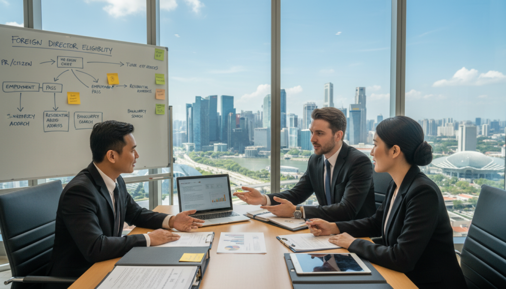A professional business scenario illustrating the eligibility checks for appointing a foreigner as a director in a Singapore company. In the foreground, a diverse group of three business professionals in neat, tailored business attire is engaged in a discussion around a conference table strewn with legal documents and a laptop. The middle layer shows a large, glass window providing a view of Singapore's skyline, indicating a busy and prosperous environment. In the background, a whiteboard filled with flowcharts and notes about eligibility requirements adds context. The lighting is bright and airy, evoking a sense of professionalism and optimism, with soft focus on the background to draw attention to the central discussion.